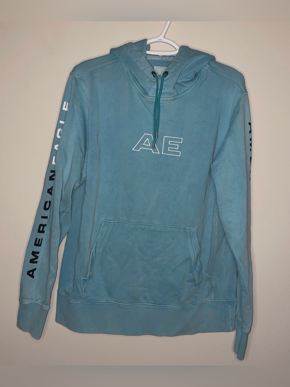 American Eagle 100% Cotton M Blue Logo Sleeve And Front Drawstring Hoodie